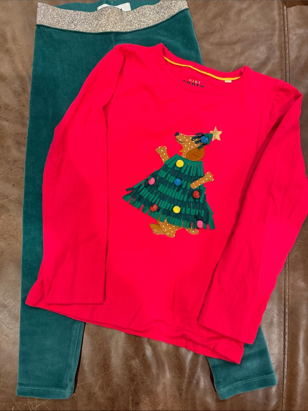Mini Boden Red Holiday Long-Sleeve Top and Green Leggings